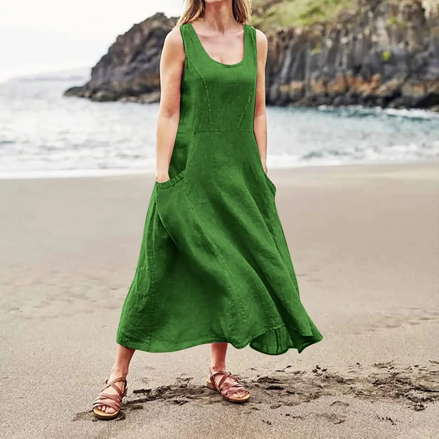 Summer Dresses for Women 2025,Linen Summer Sleeveless Solid Casual Baggy Flowy Maxi Vacation Long Dresses with Pockets