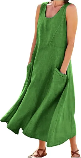 Summer Dresses for Women 2025,Linen Summer Sleeveless Solid Casual Baggy Flowy Maxi Vacation Long Dresses with Pockets