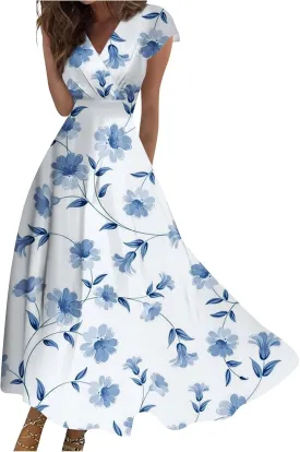 Summer Dresses Women Short Sleeve Maxi Dress Summer Fitted Tight Vintage Floral Print