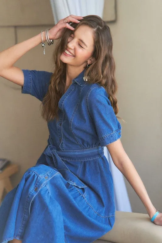 Tiered Button Down Tie Waist Denim Dress