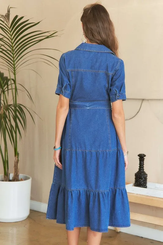 Tiered Button Down Tie Waist Denim Dress