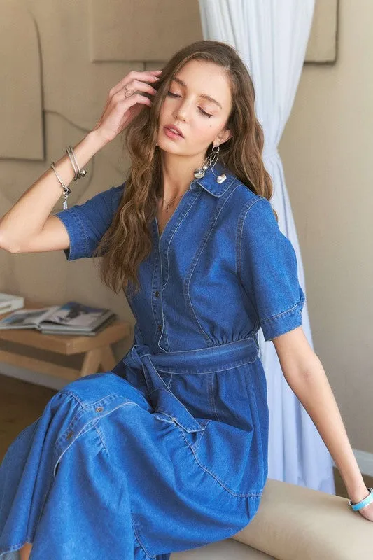 Tiered Button Down Tie Waist Denim Dress