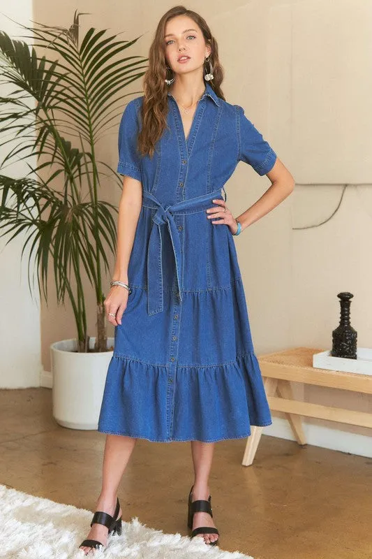 Tiered Button Down Tie Waist Denim Dress