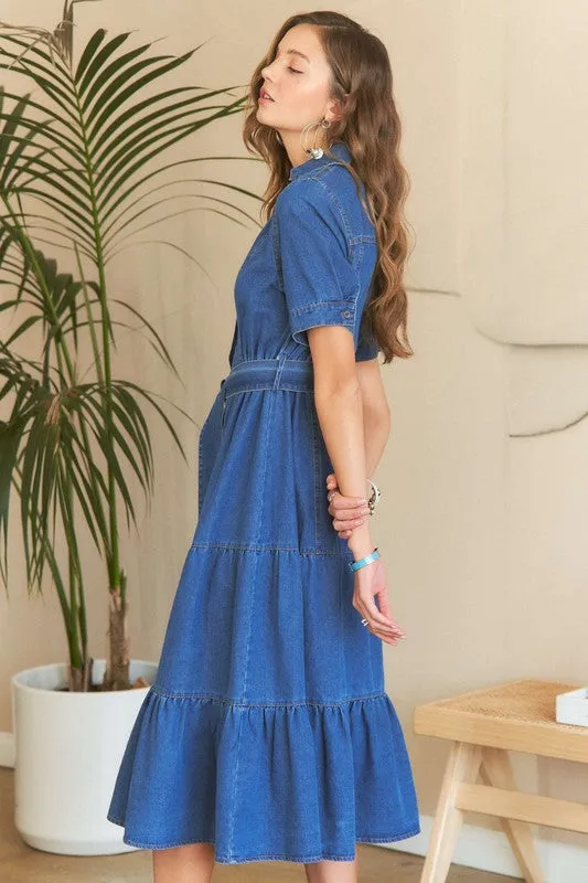Tiered Button Down Tie Waist Denim Dress