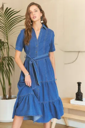 Tiered Button Down Tie Waist Denim Dress