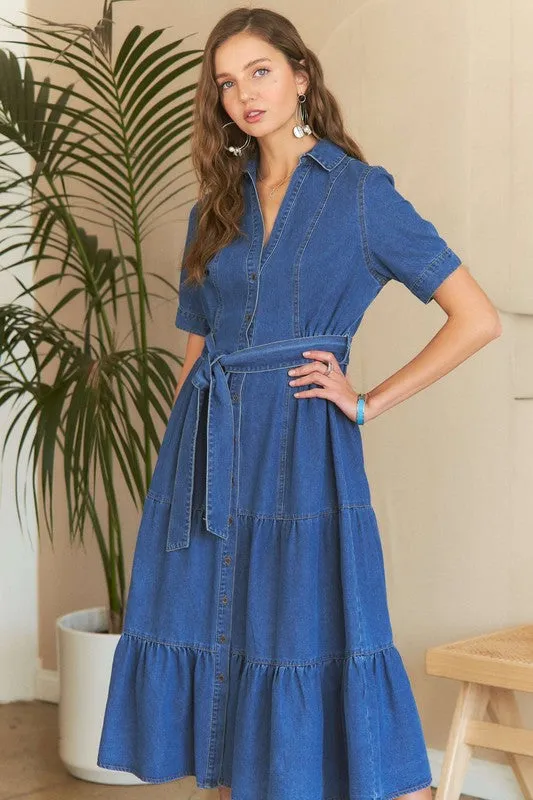 Tiered Button Down Tie Waist Denim Dress