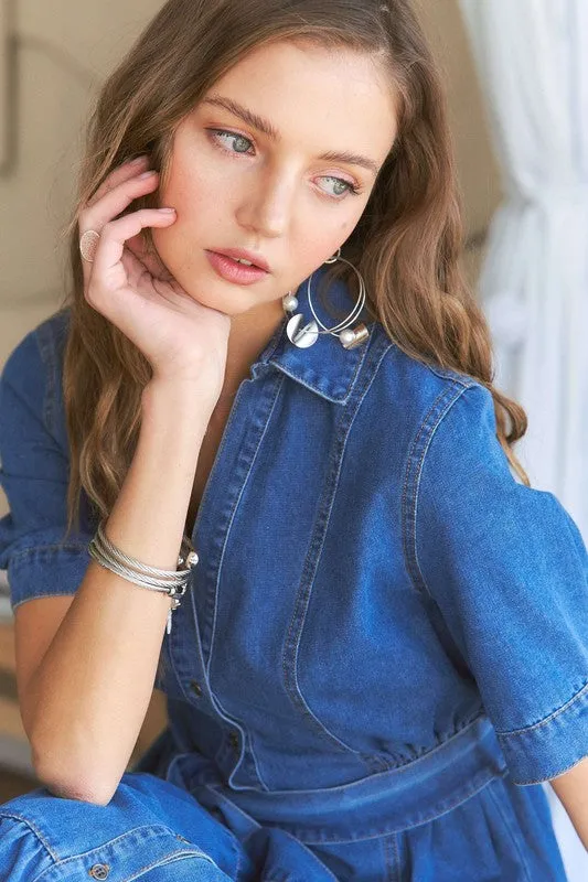 Tiered Button Down Tie Waist Denim Dress