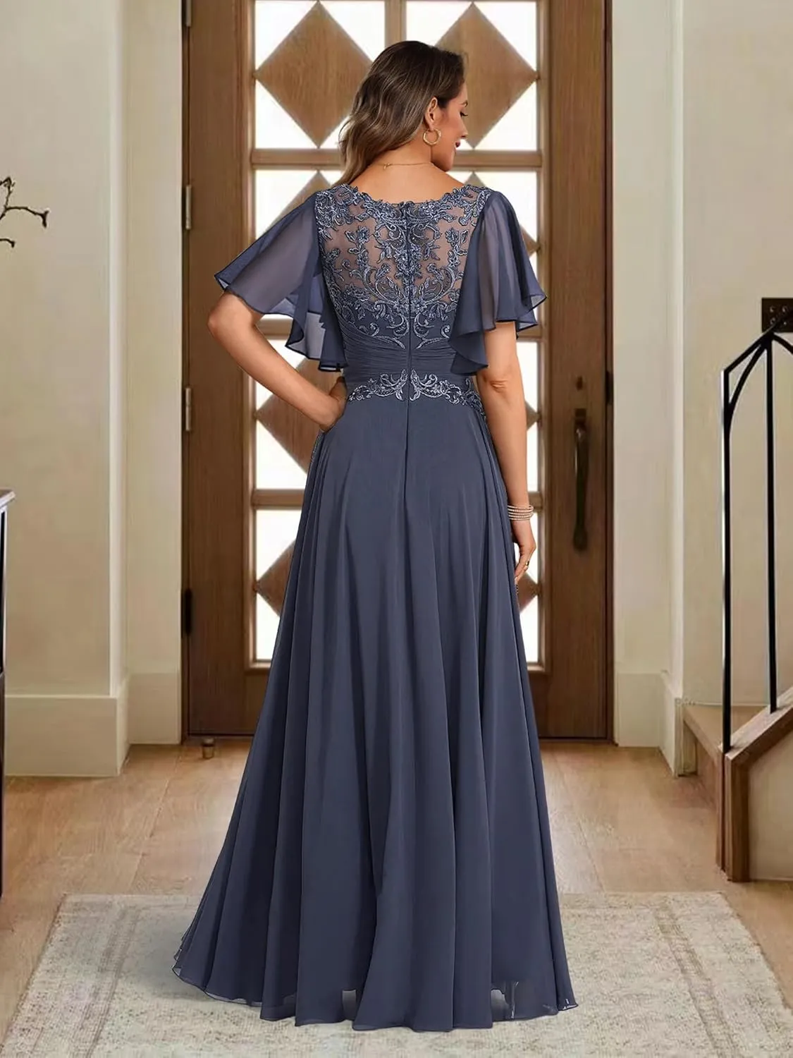 TIRAS Women's Ruffle Sleeves Mother of The Bride Dresses for Wedding Jewel Lace Chiffon Aline Formal Evening Gowns CM341