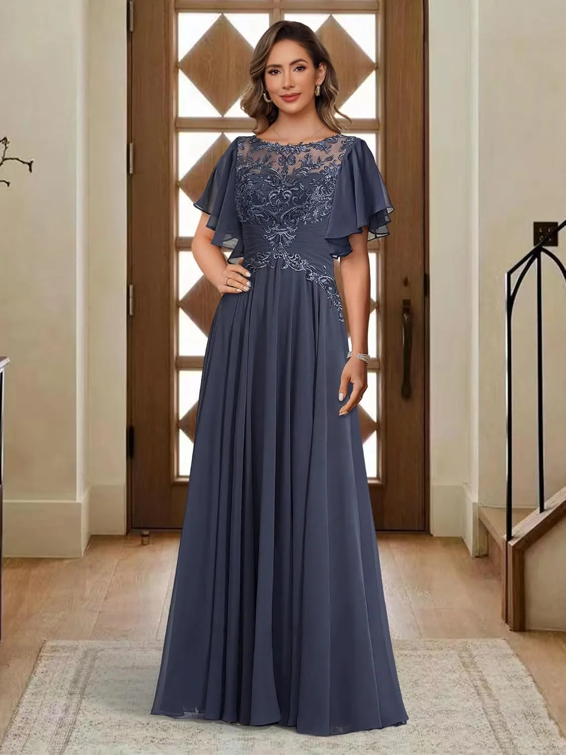 TIRAS Women's Ruffle Sleeves Mother of The Bride Dresses for Wedding Jewel Lace Chiffon Aline Formal Evening Gowns CM341
