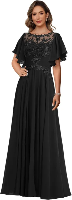 TIRAS Women's Ruffle Sleeves Mother of The Bride Dresses for Wedding Jewel Lace Chiffon Aline Formal Evening Gowns CM341
