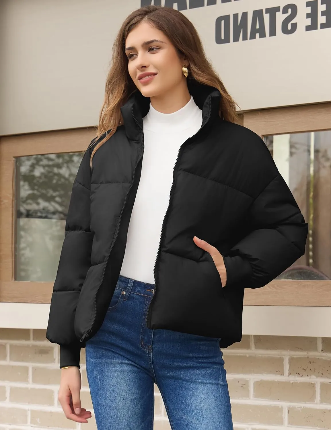 TQD Puffer Jacket Womens Long Sleeve Zip Womens Puffer Jacket Winter Cropped Puffer Jacket Coat Casual Womens Winter Coats