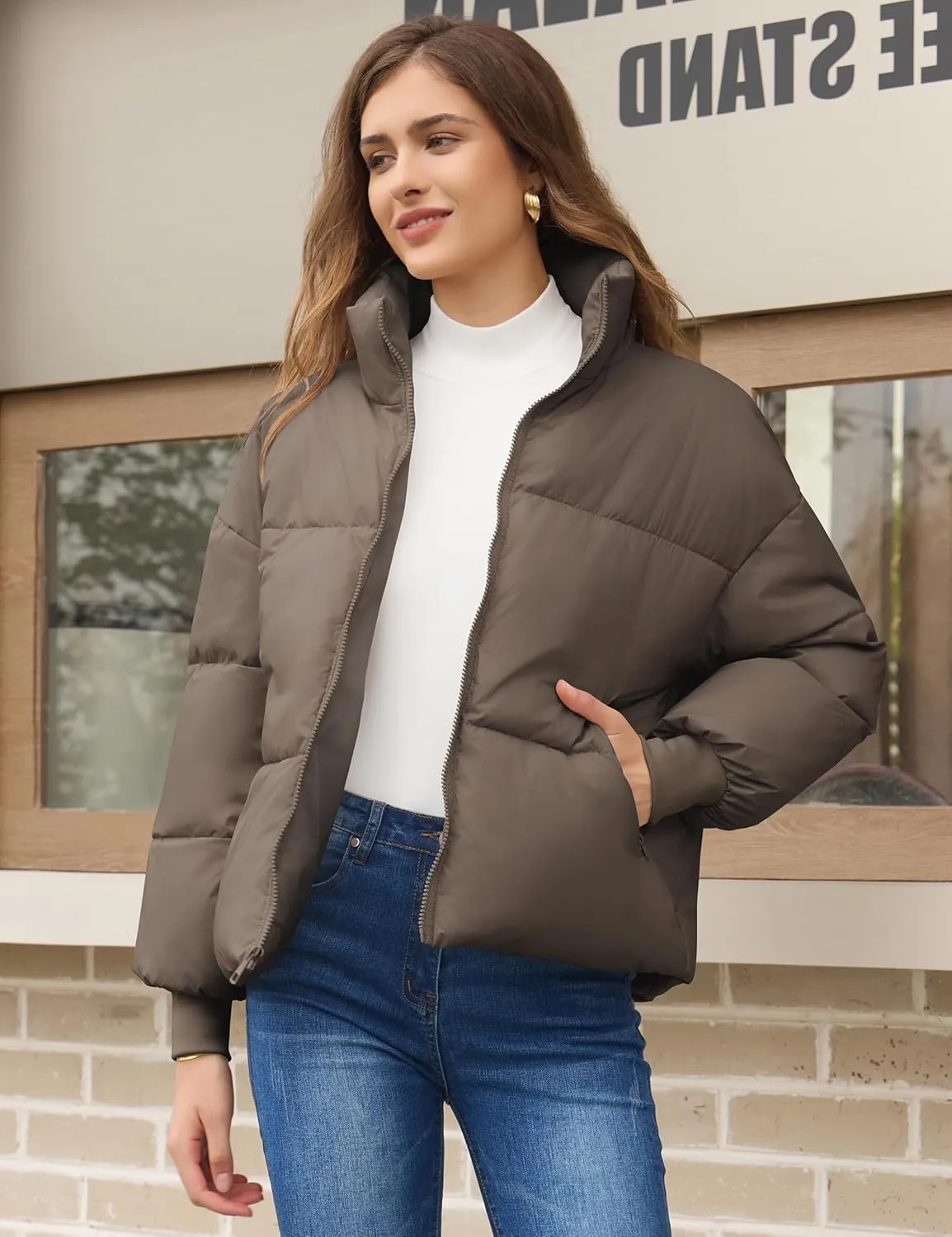 TQD Puffer Jacket Womens Long Sleeve Zip Womens Puffer Jacket Winter Cropped Puffer Jacket Coat Casual Womens Winter Coats