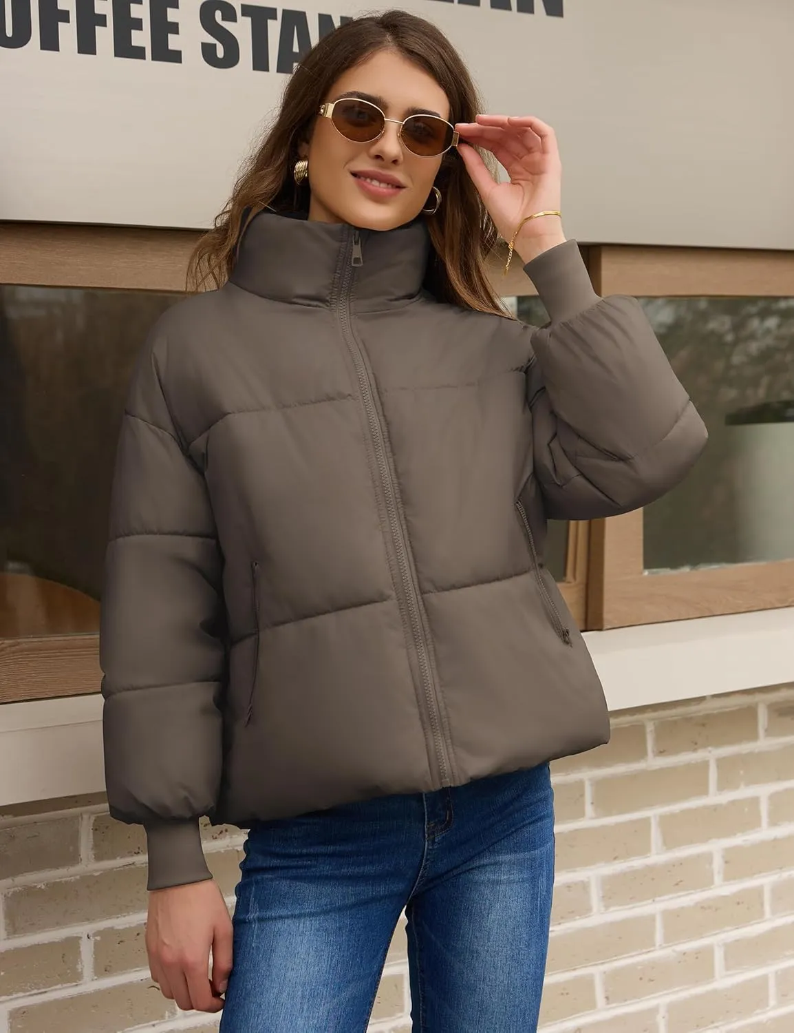TQD Puffer Jacket Womens Long Sleeve Zip Womens Puffer Jacket Winter Cropped Puffer Jacket Coat Casual Womens Winter Coats