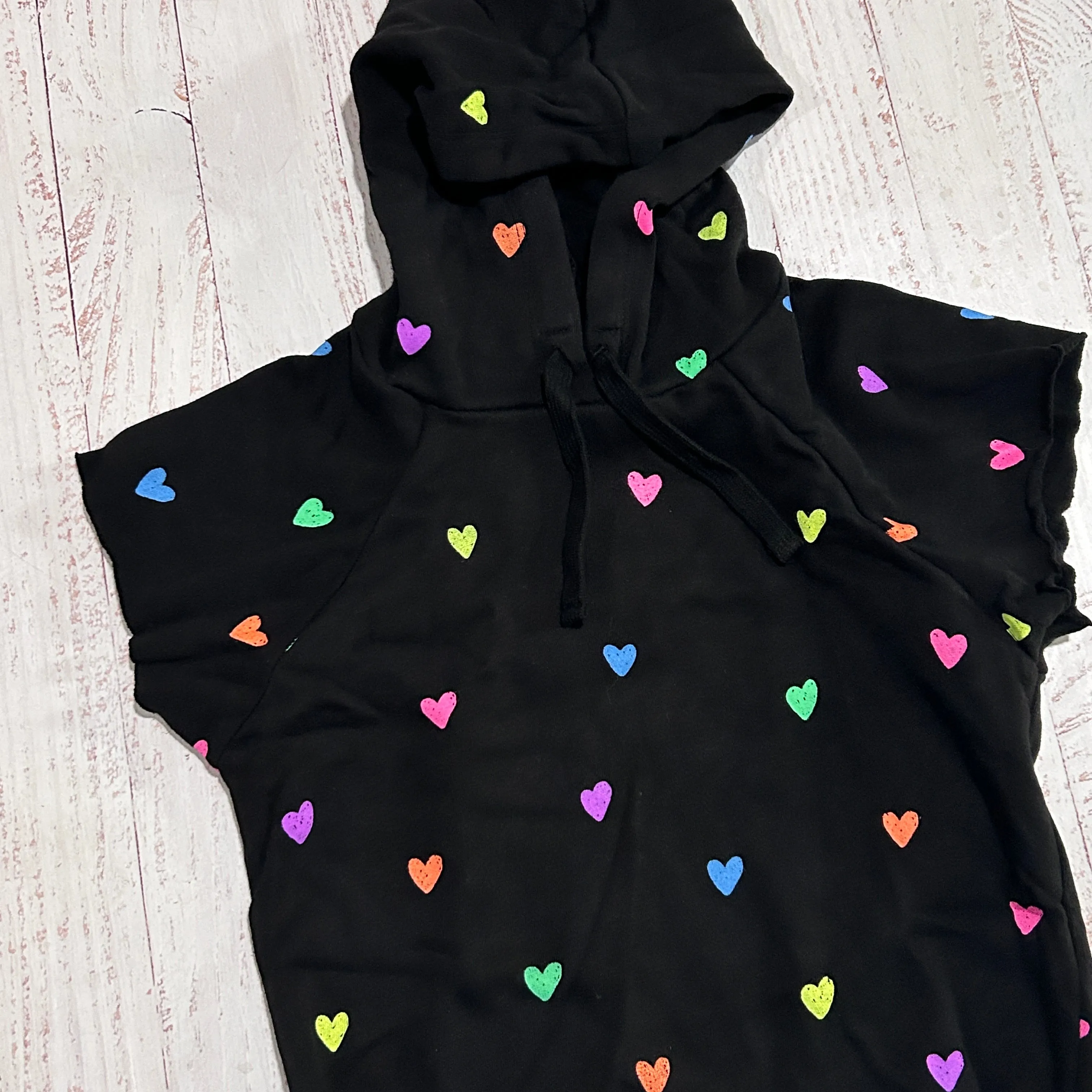 Tween Sweatshirt | Black Hooded Short Sleeve Sweatshirt- Neon Hearts | Flowers by Zoe