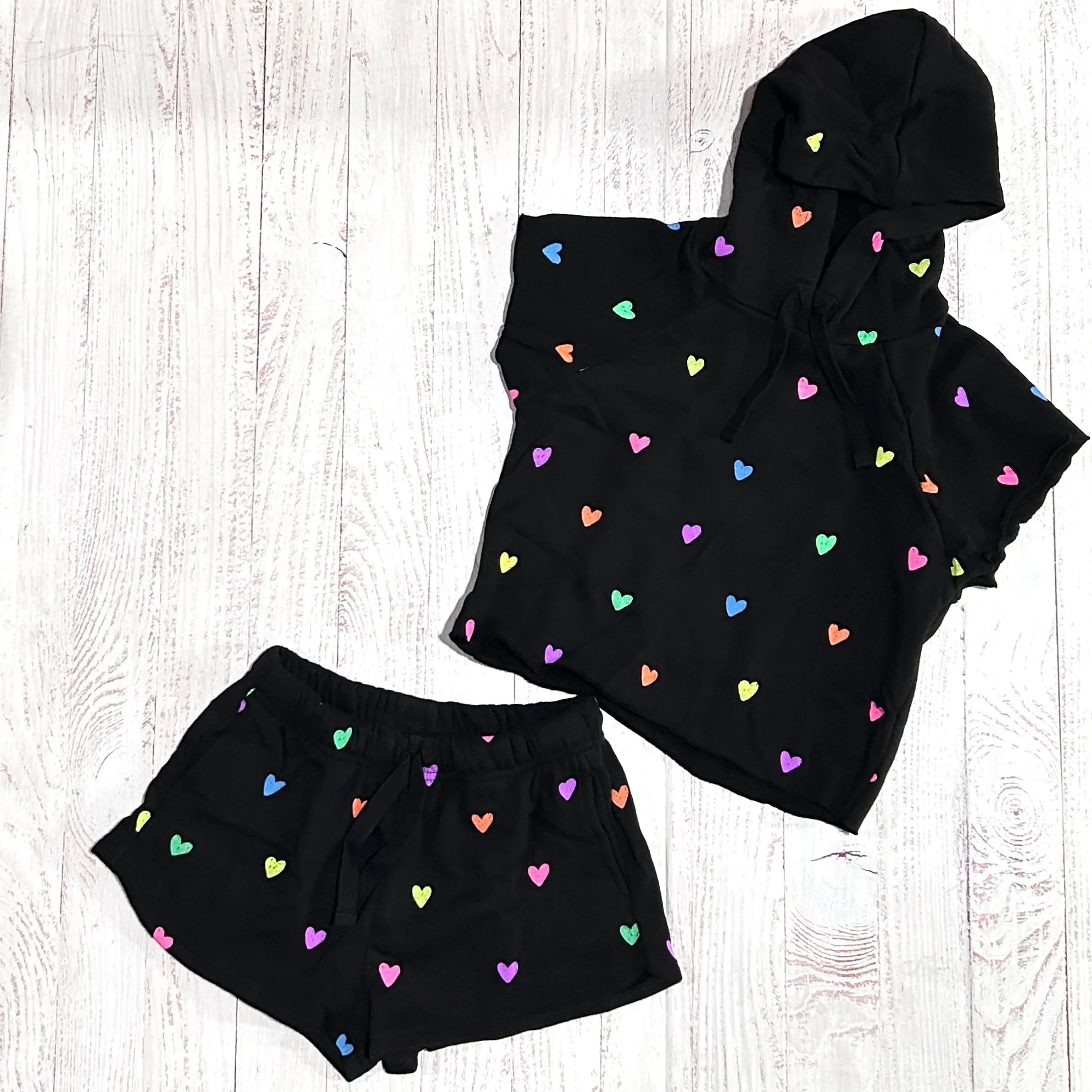 Tween Sweatshirt | Black Hooded Short Sleeve Sweatshirt- Neon Hearts | Flowers by Zoe