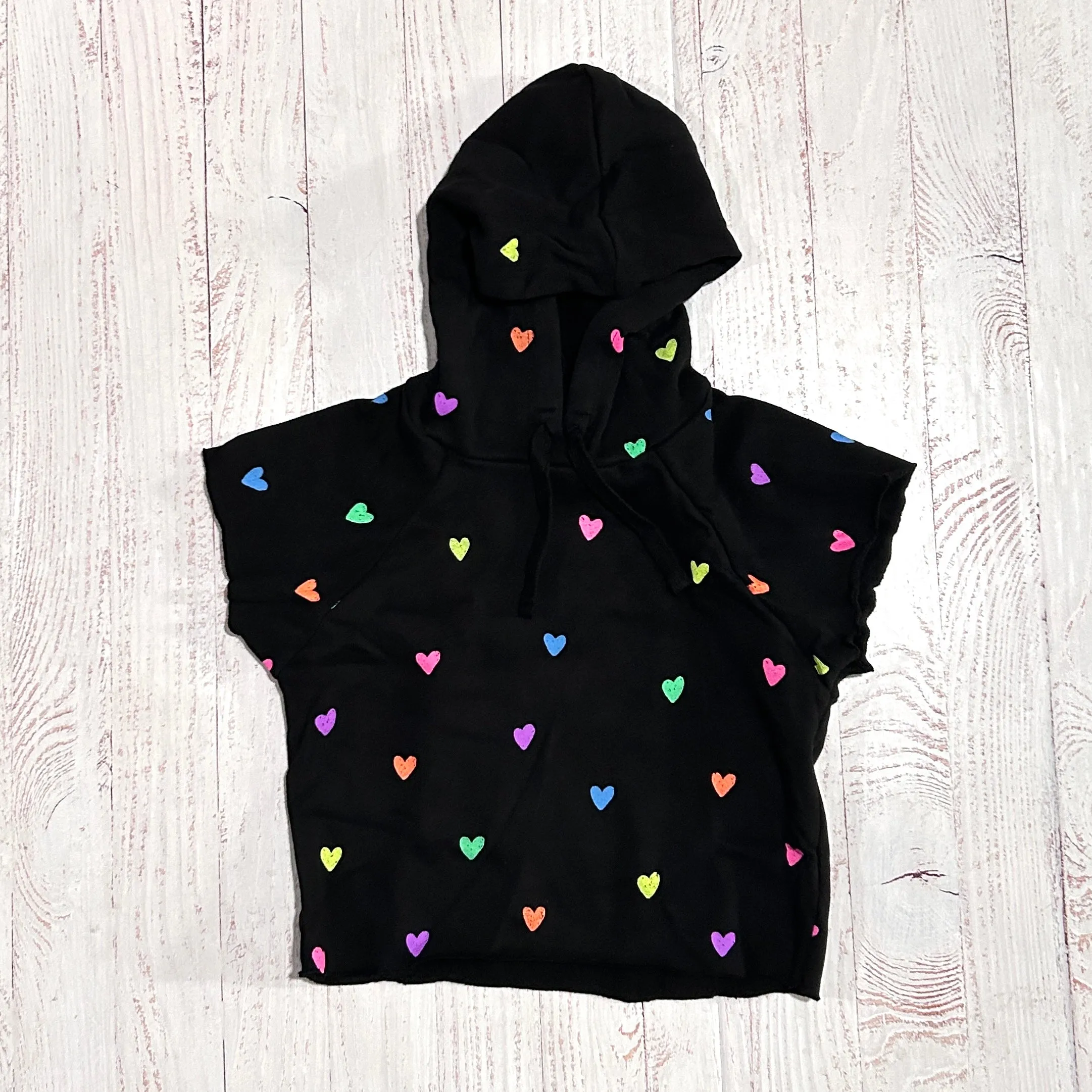 Tween Sweatshirt | Black Hooded Short Sleeve Sweatshirt- Neon Hearts | Flowers by Zoe