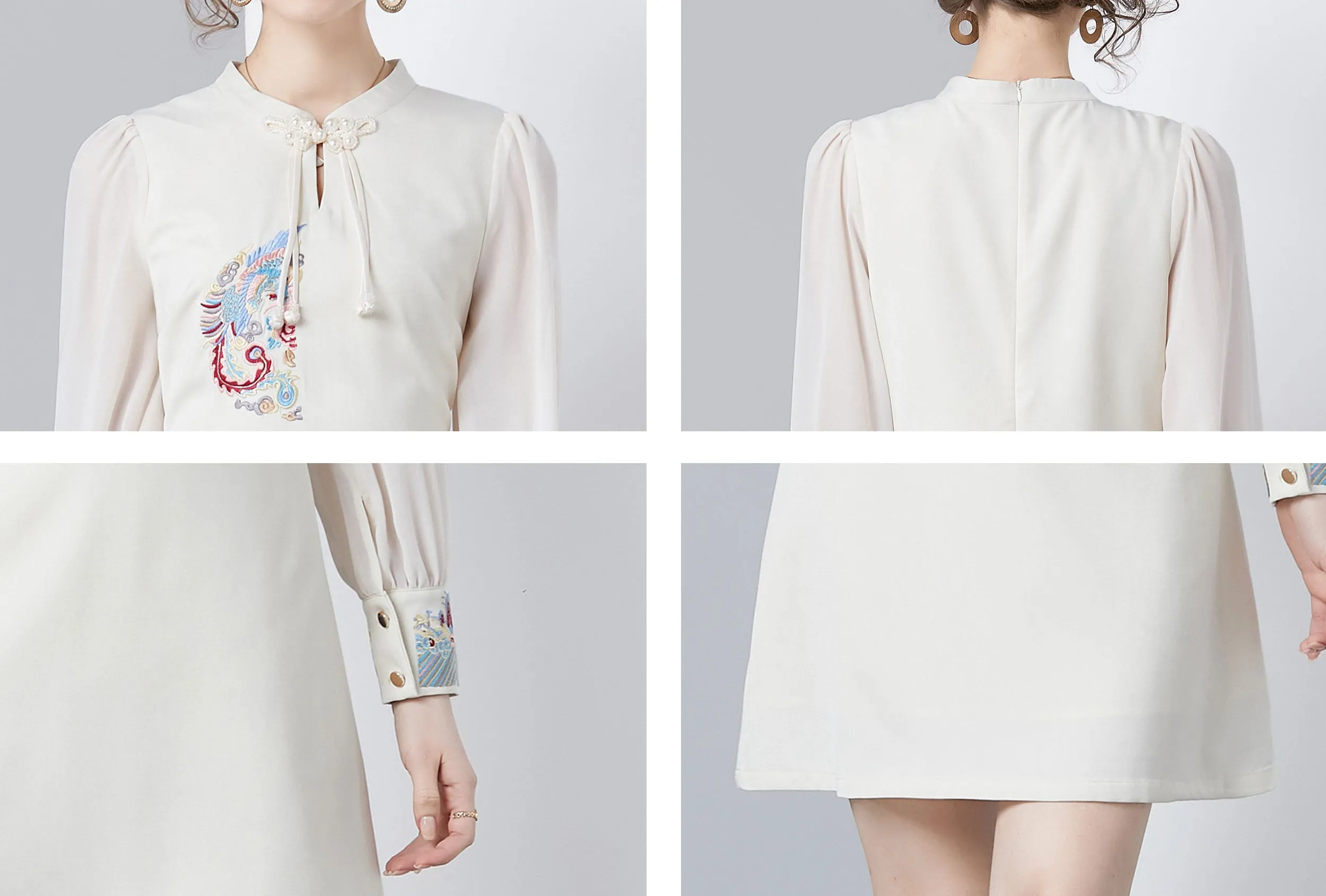 Vintage Women's Elegant Embroidered Hight Neck Mini Dress