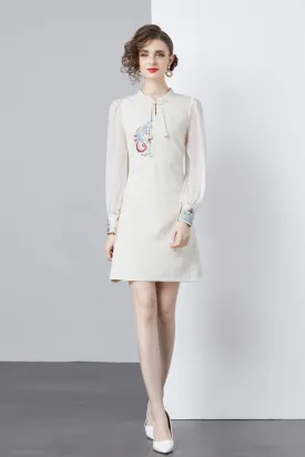 Vintage Women's Elegant Embroidered Hight Neck Mini Dress
