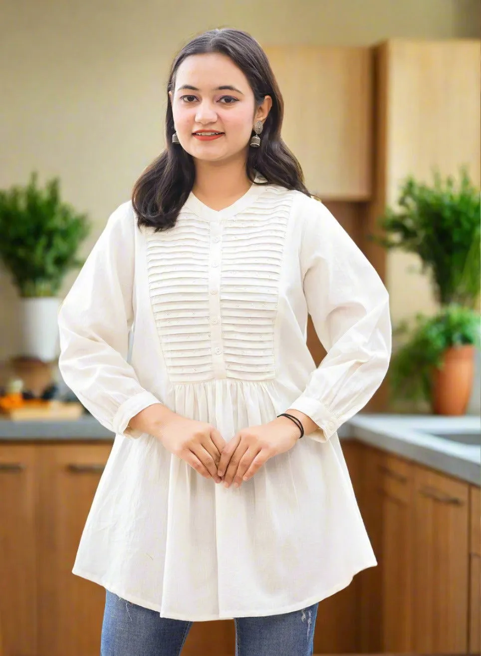 White Cotton Tunic Top With Pearl Work (pack of 1)