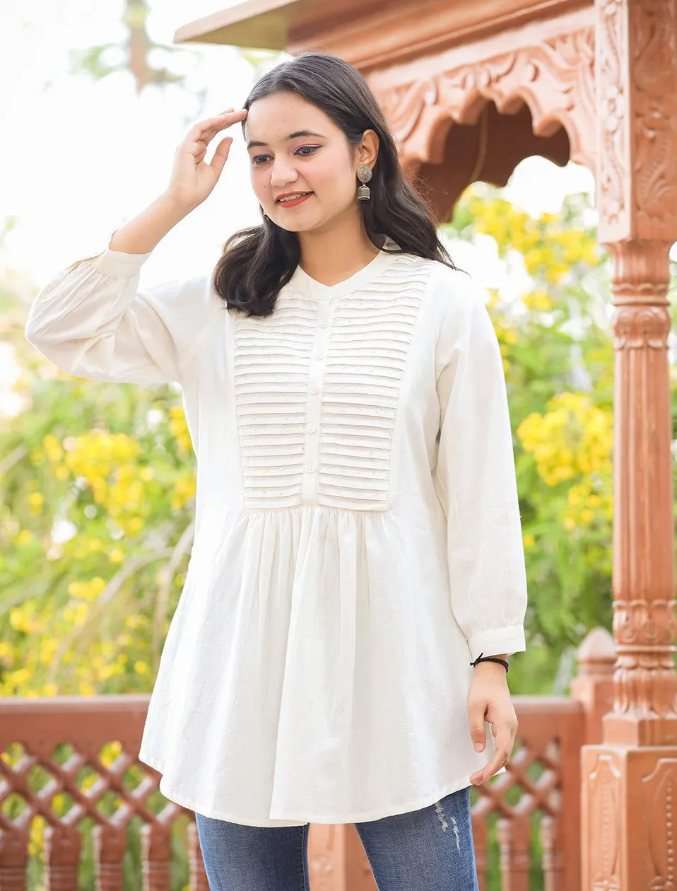 White Cotton Tunic Top With Pearl Work (pack of 1)