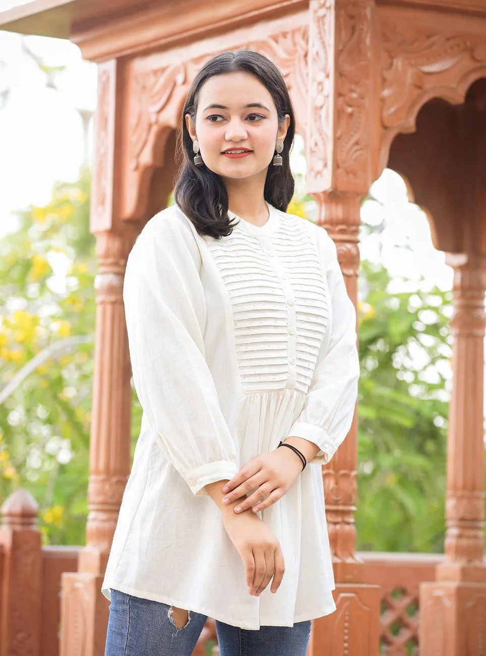 White Cotton Tunic Top With Pearl Work (pack of 1)