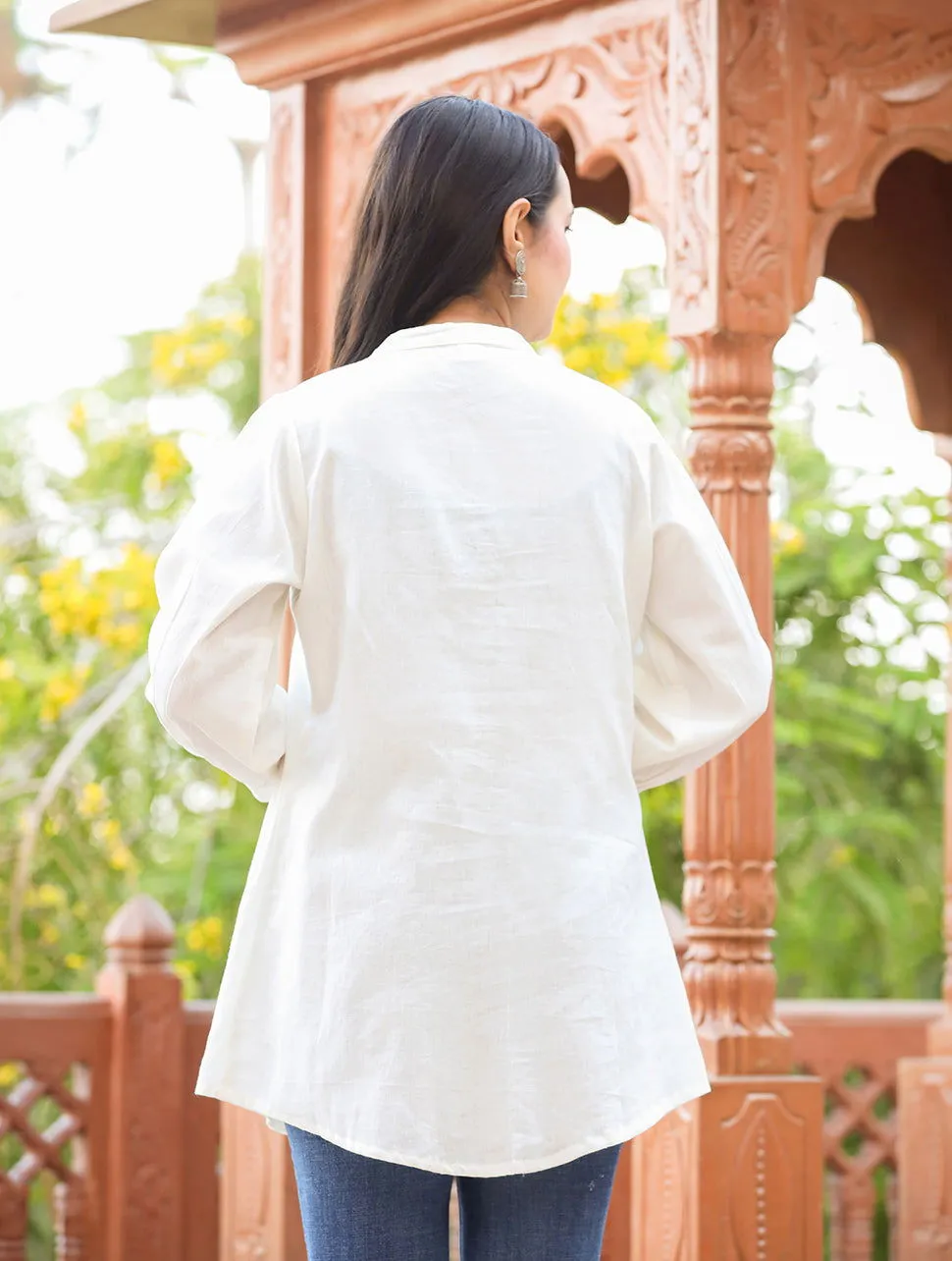 White Cotton Tunic Top With Pearl Work (pack of 1)