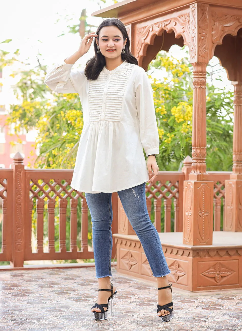White Cotton Tunic Top With Pearl Work (pack of 1)