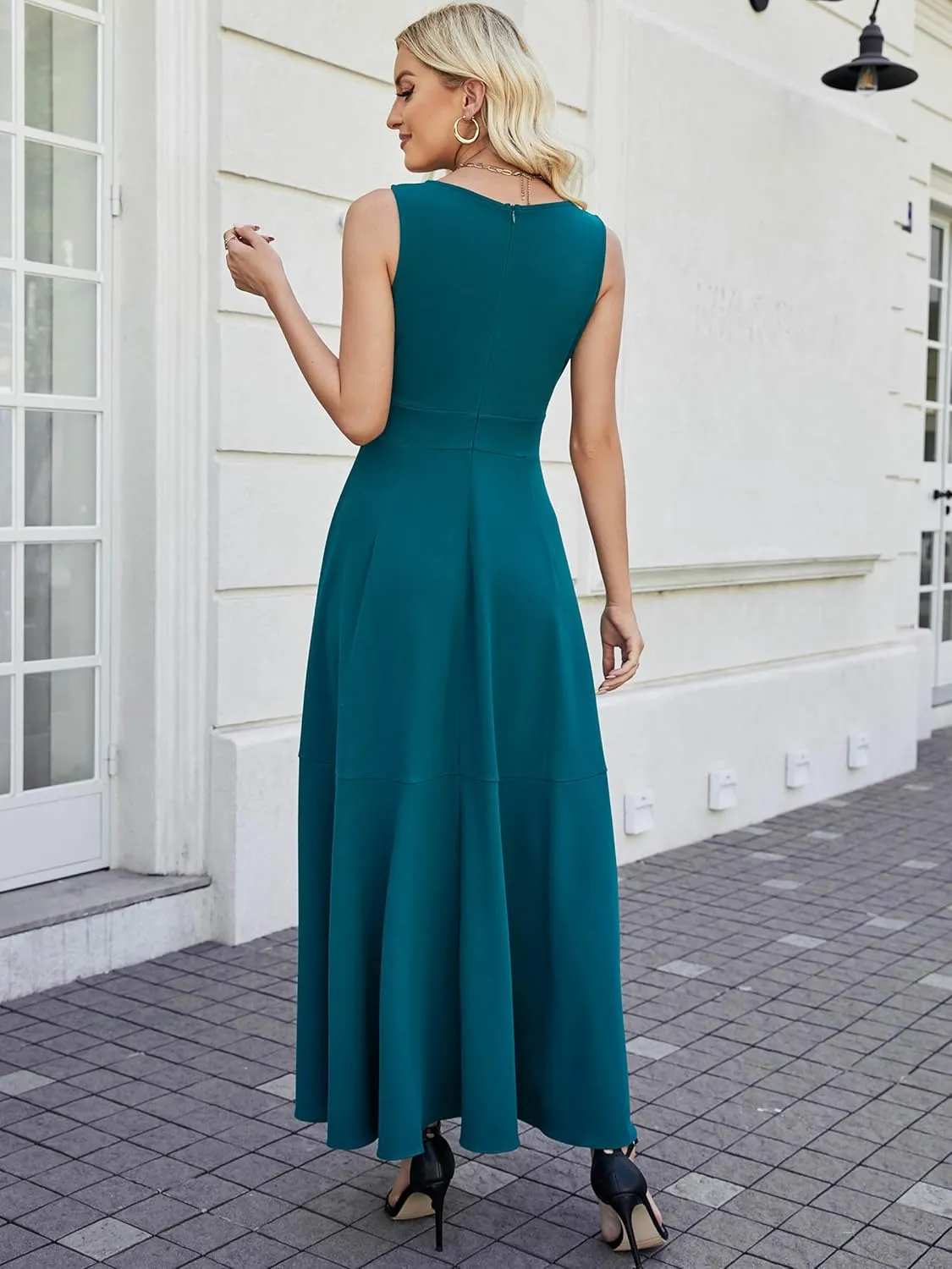 Women Formal Dresses,V Neck Evening Gowns for Women 2024 Long Wedding Guest Party Sleeveless Prom Pockets Dress