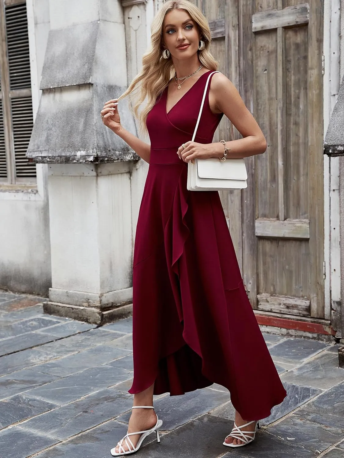 Women Formal Dresses,V Neck Evening Gowns for Women 2024 Long Wedding Guest Party Sleeveless Prom Pockets Dress