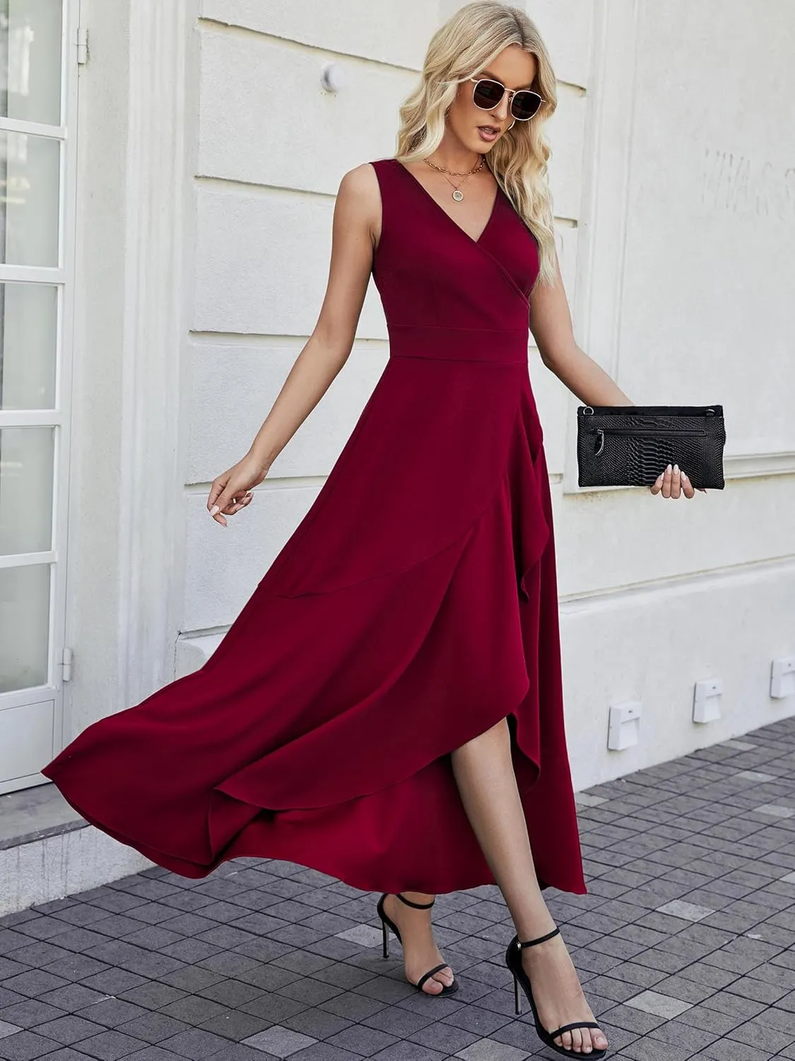 Women Formal Dresses,V Neck Evening Gowns for Women 2024 Long Wedding Guest Party Sleeveless Prom Pockets Dress