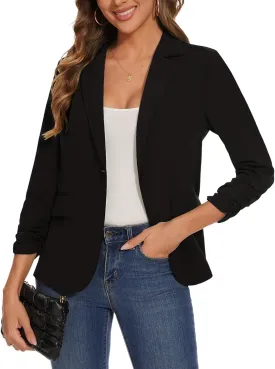 Women's Casual Single Button Front Blazer Ruched 3/4 Sleeve Notched Lapel Office Lightweight Blazers with Pockets Women's Casual Single Button Front Blazer Ruched 3/4 Sleeve Notched Lapel Office Lightweight Blazers with Pockets