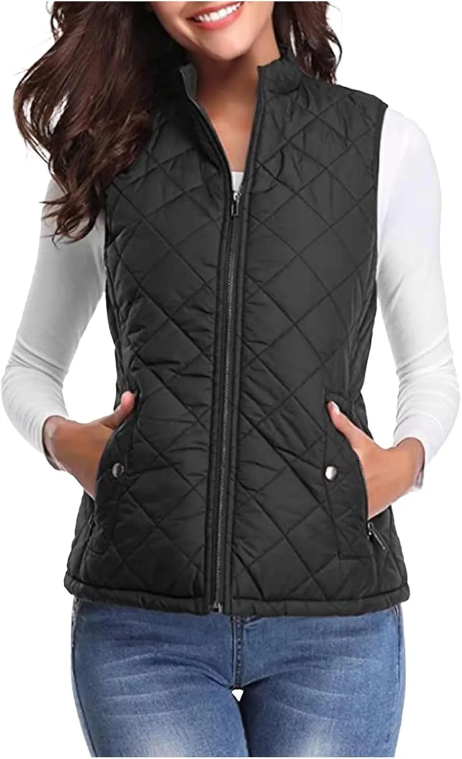 Women's Fall Winter Vest Zip Up Quilted Jackets Sleeveless Winter Coats Stand Collar Athletic Vest for Hiking Running