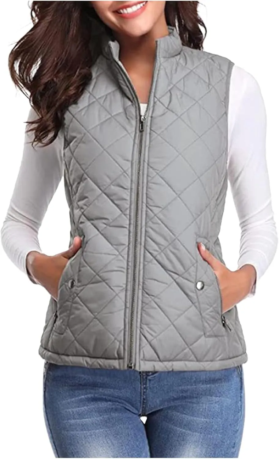 Women's Fall Winter Vest Zip Up Quilted Jackets Sleeveless Winter Coats Stand Collar Athletic Vest for Hiking Running
