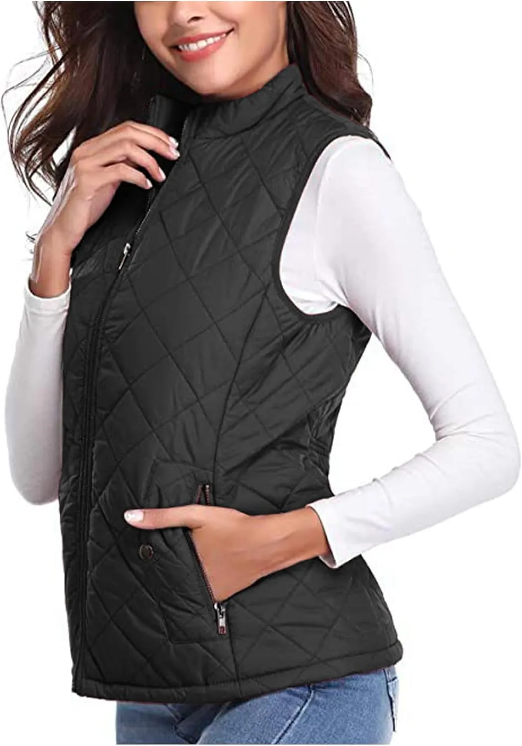 Women's Fall Winter Vest Zip Up Quilted Jackets Sleeveless Winter Coats Stand Collar Athletic Vest for Hiking Running