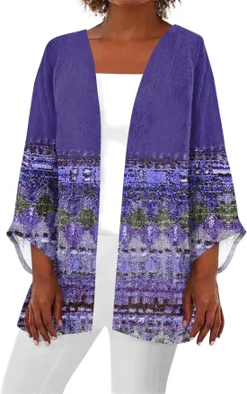 Womens Hawaiian Boho Lightweight Jackets Floral Print Puff Sleeve Kimono Cardigan Loose Cover Up Casual Blouse Top