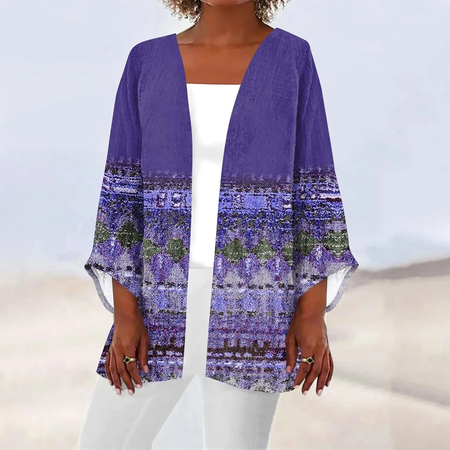 Womens Hawaiian Boho Lightweight Jackets Floral Print Puff Sleeve Kimono Cardigan Loose Cover Up Casual Blouse Top