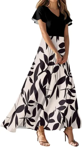 Women's Short Sleeve Floral Maxi Dress 2025 Summer V Neck Loose Plain Empire Waist Casual Wedding Guest Dresses