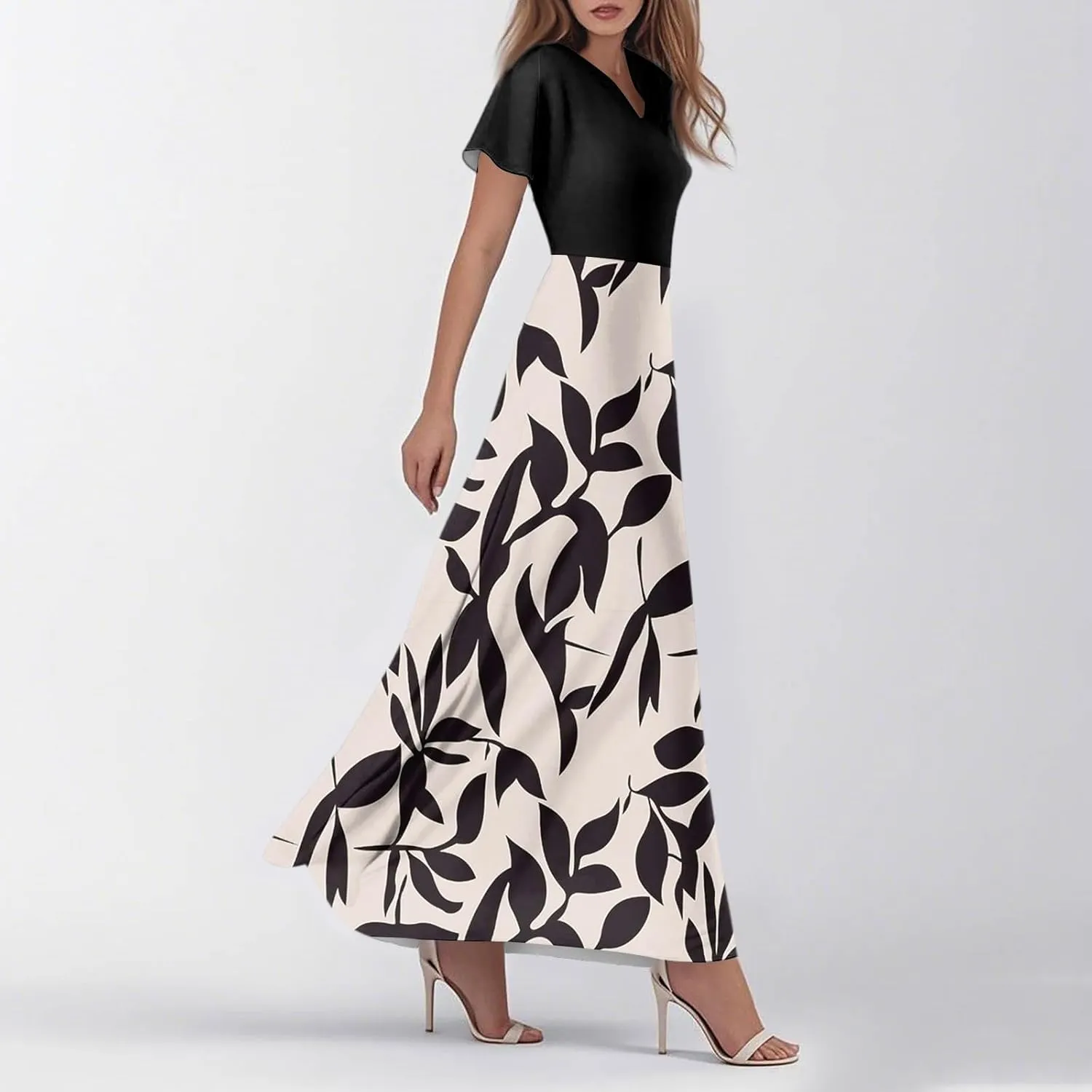 Women's Short Sleeve Floral Maxi Dress 2025 Summer V Neck Loose Plain Empire Waist Casual Wedding Guest Dresses