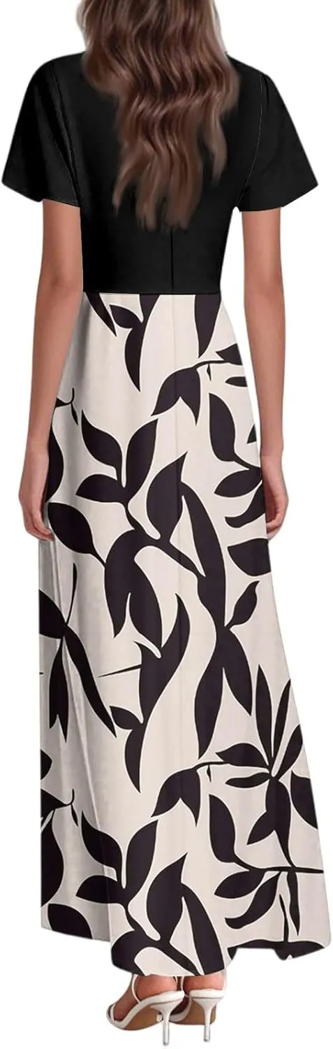 Women's Short Sleeve Floral Maxi Dress 2025 Summer V Neck Loose Plain Empire Waist Casual Wedding Guest Dresses
