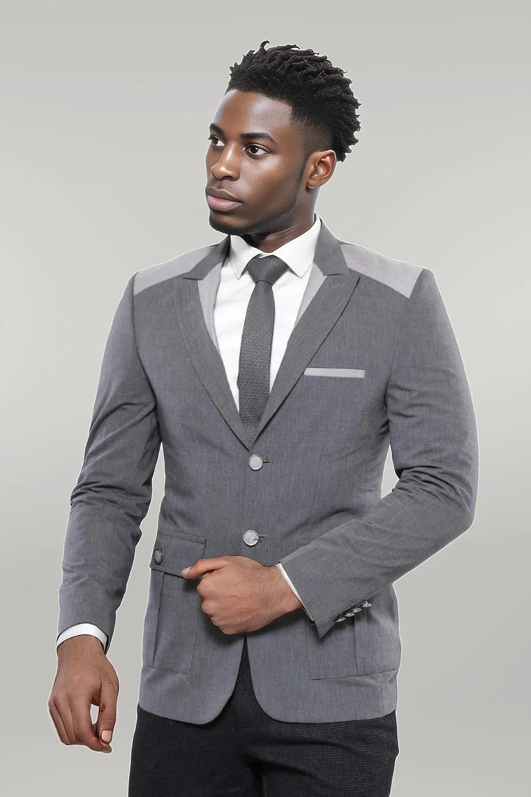 WSS Double Button Bag Pocket Pointed Collar Grey Jacket- - Singen