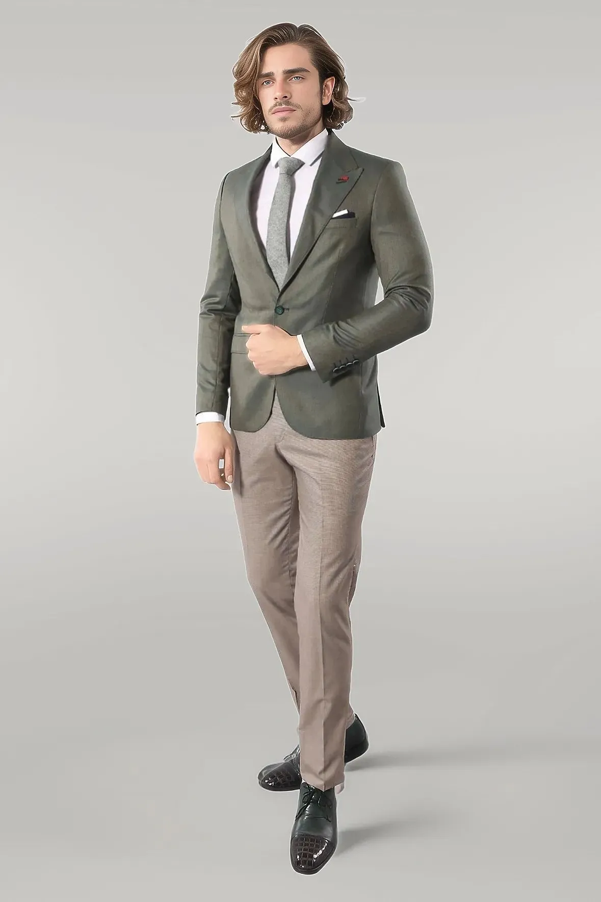 WSS Single Button Half Liner Pointed Collar Green Jacket- - Singen