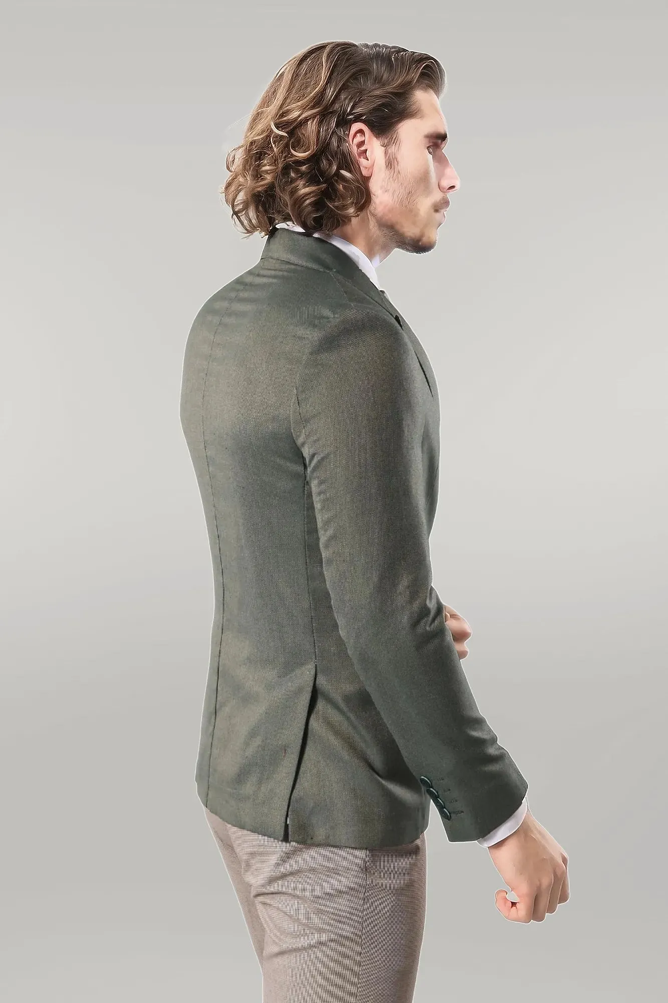 WSS Single Button Half Liner Pointed Collar Green Jacket- - Singen