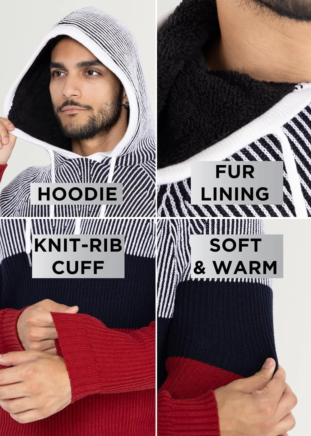 X RAY Mens Fashion Hoodies Pullover Sweater, Casual Knit Color Block Slim Fit Hoodies for Men