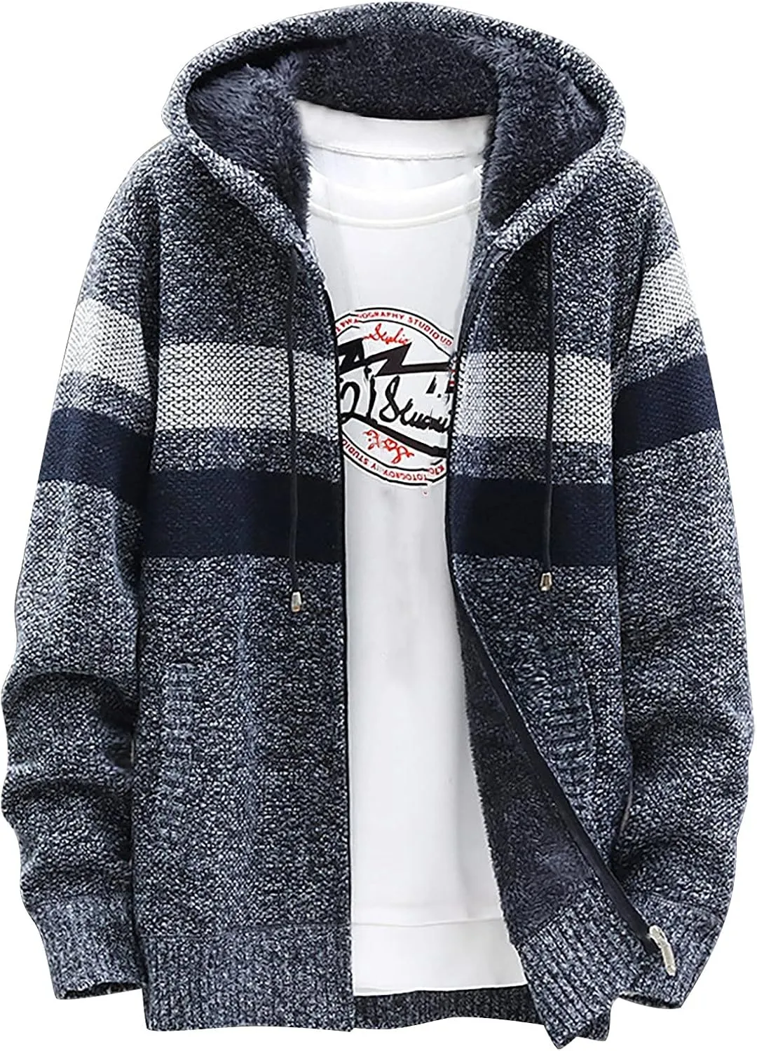 Ymosrh Flannel Jackets for Men Men's Fall and Winter Casual Sweater Jacket Warm Knit Sweater Hooded Hoodie Jackets