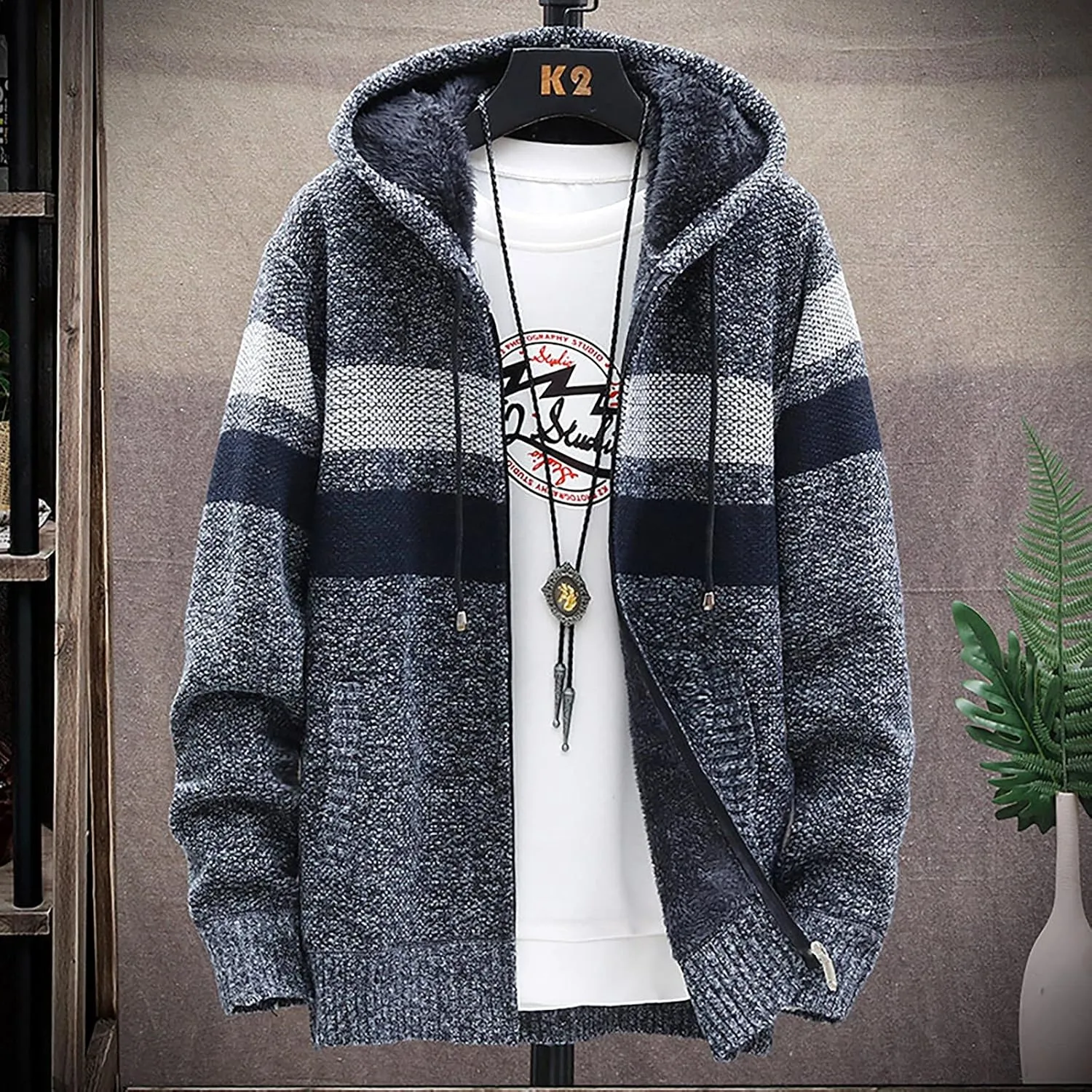 Ymosrh Flannel Jackets for Men Men's Fall and Winter Casual Sweater Jacket Warm Knit Sweater Hooded Hoodie Jackets
